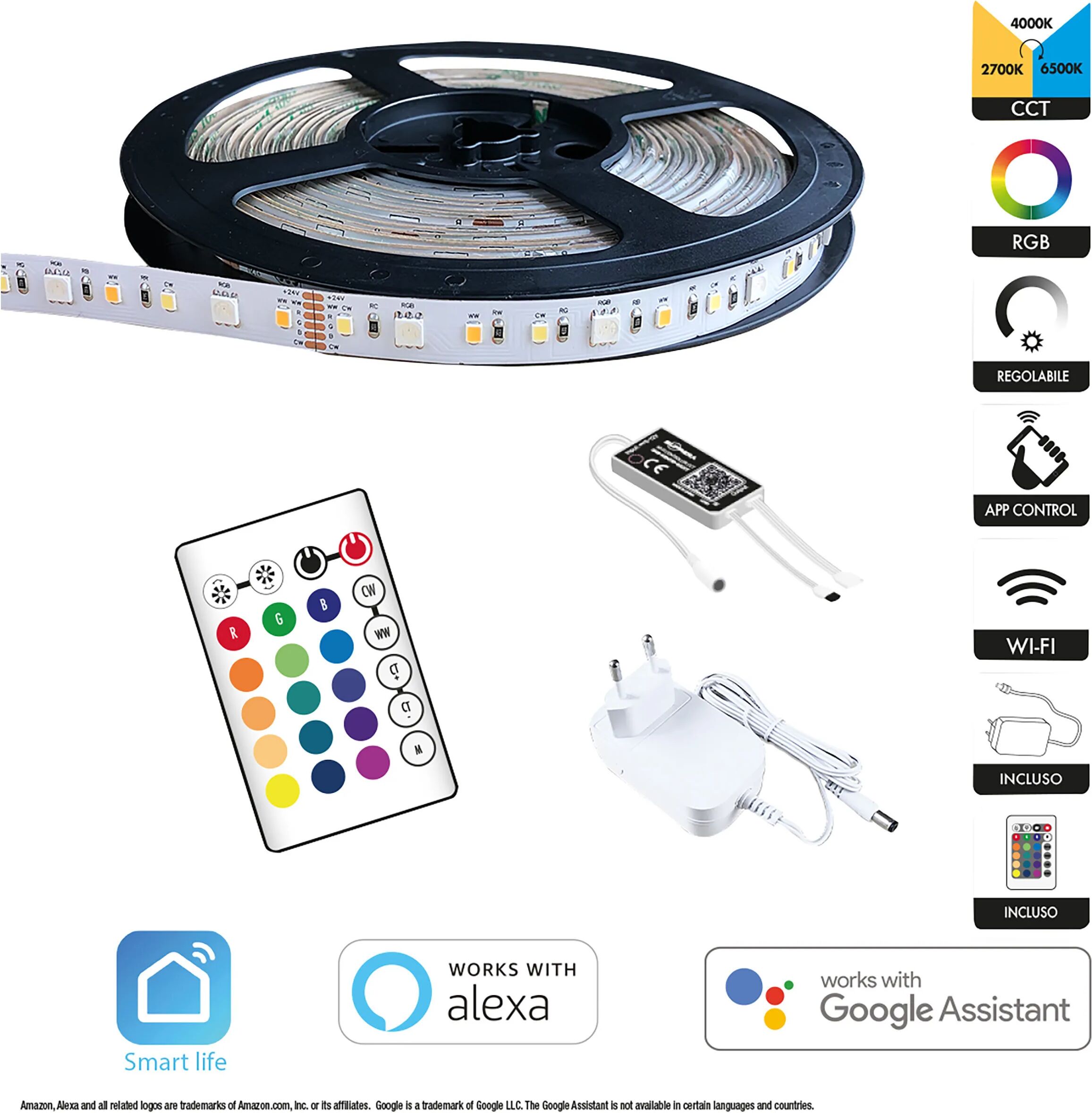 tecnomat kit strip led suprema smart wifi fino a 36w 650 lumen/m cct e rgb 5m 12v con telecomando ip54