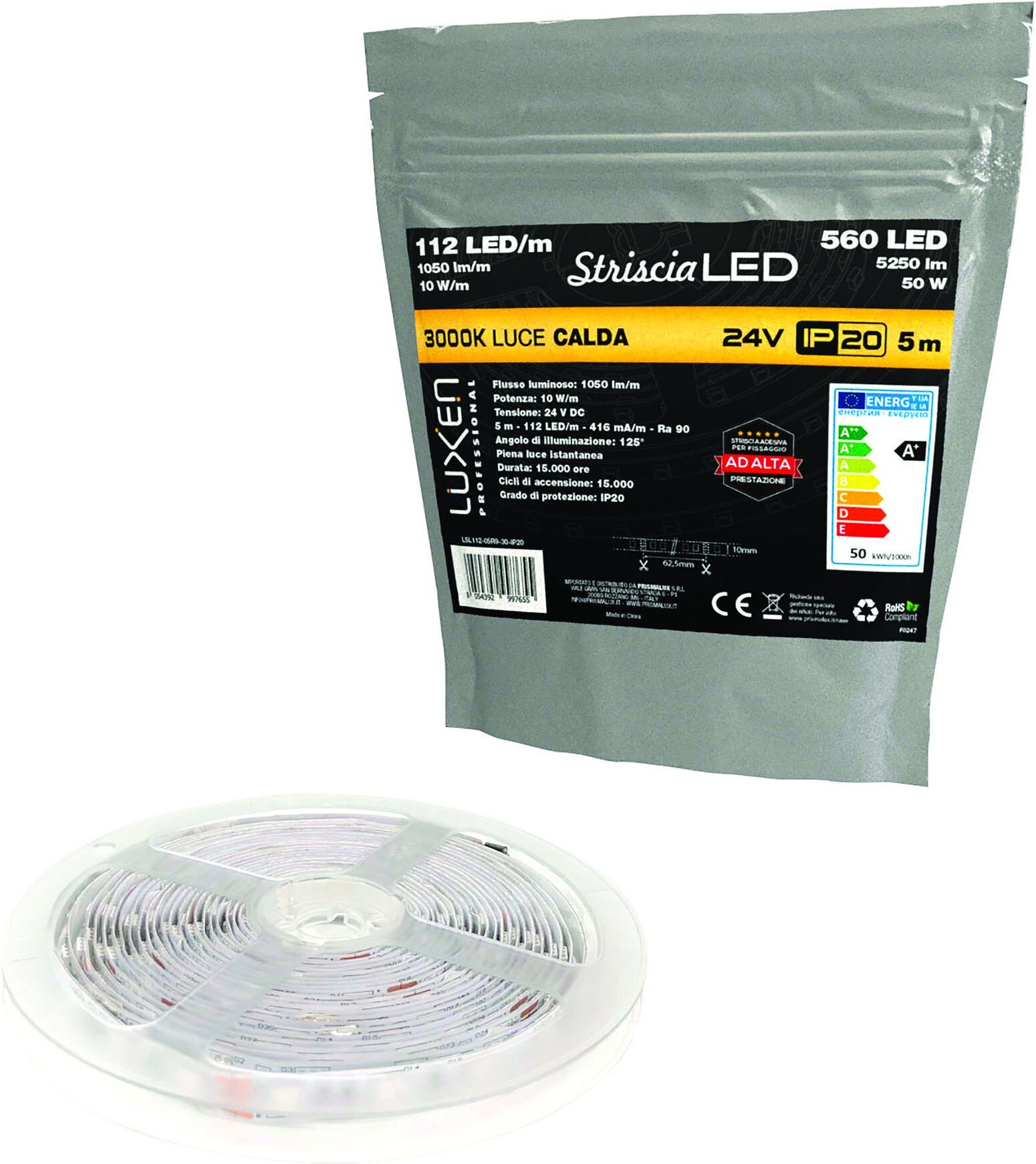 Strip Led Da Interno 24v Lunghezza 5 M 10w/m = 60w 112 Led/m 1100 Lumen Luce Calda Ip20 Strip Led Da Interno 24v Lunghezza 5 M 10w/m = 60w 112 Led/m 1100 Lumen Luce Calda Ip20