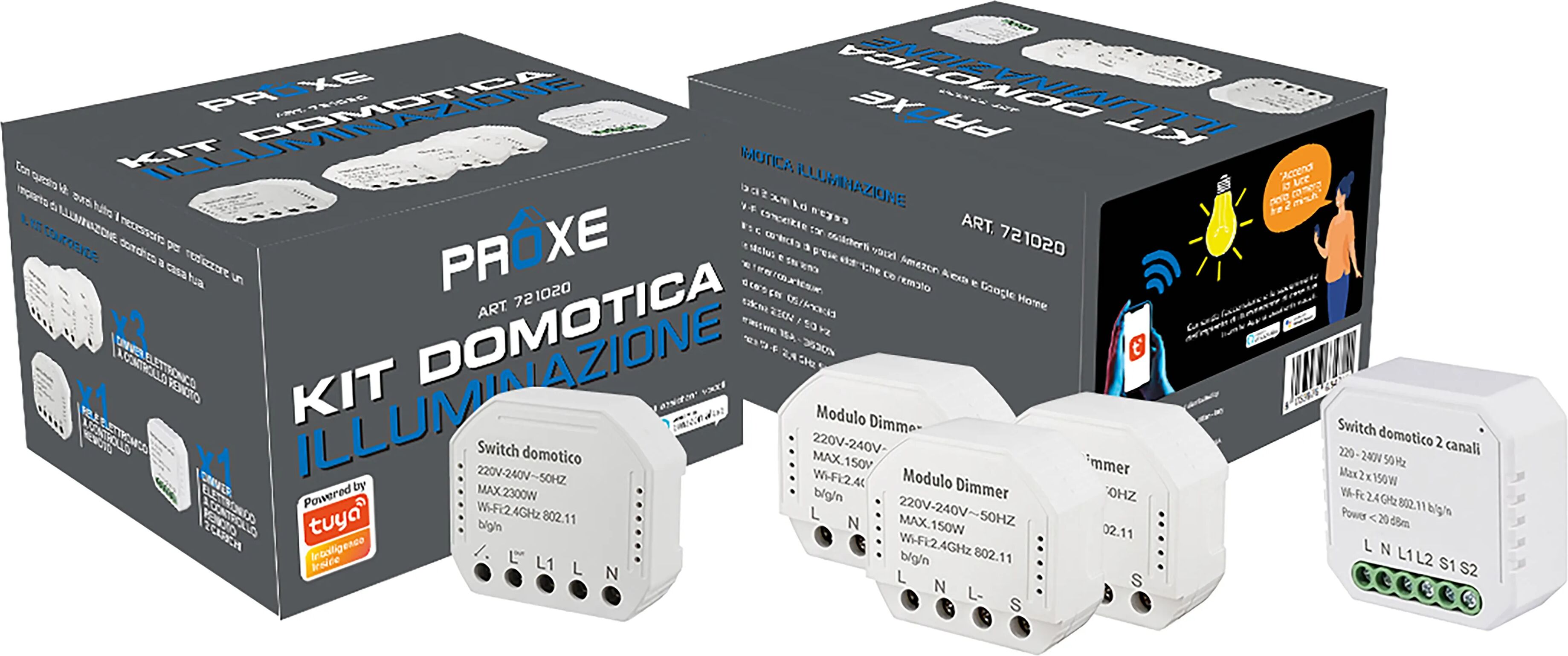 proxe kit  domotico 5 punti luce wi-fi tuya carico max 150w 230v sistemi vocali google alexa