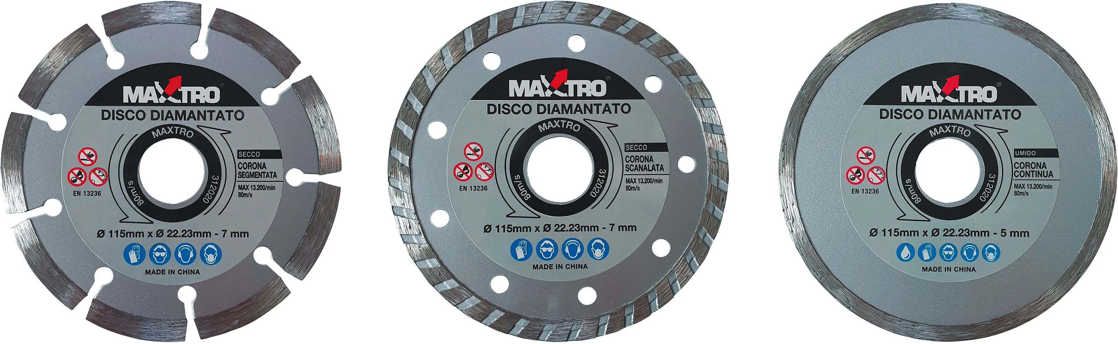 maxtro 3 dischi diamantati  Ø115 mm corona continua e settori per piastrelle e muratura