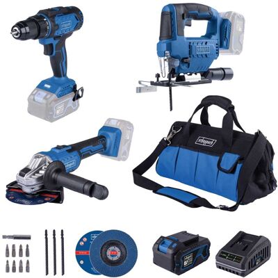 Scheppach KIT 20 V TRAPANO AVVITATORE SMERIGLIATRICE 125 mm SEGHETTO ALTERNATI VO 4 Ah Scheppach KIT 20 V TRAPANO AVVITATORE SMERIGLIATRICE 125 mm SEGHETTO ALTERNATI VO 4 Ah