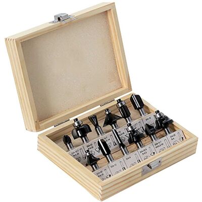 Set di 12 Frese Vigor Ø8 mm - Profilatura e Rifilatura in Cassetta in Legno Set di 12 Frese Vigor Ø8 mm - Profilatura e Rifilatura in Cassetta in Legno