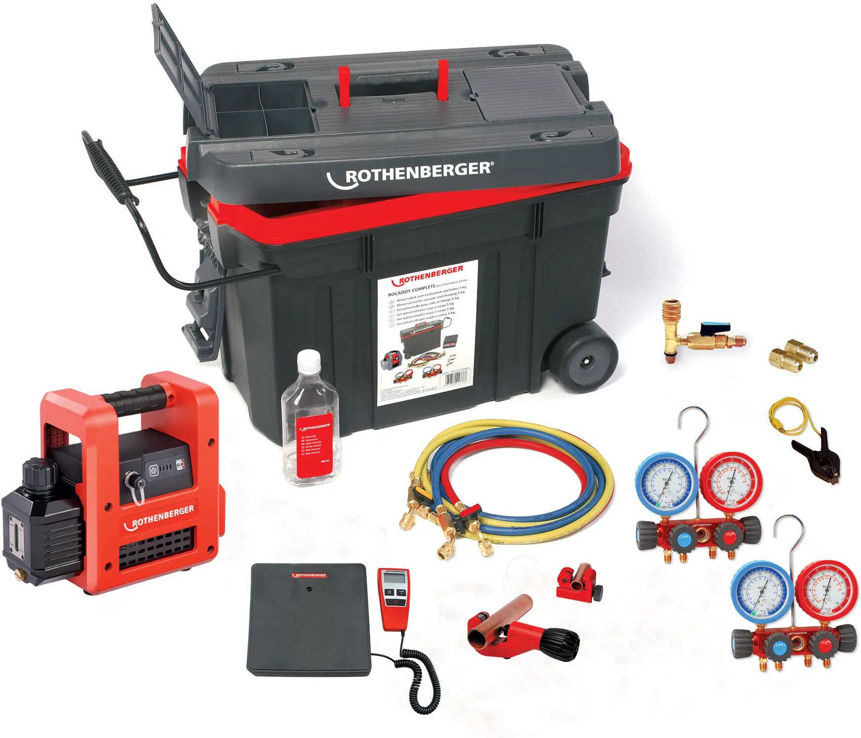 rothenberger kit per vuoto  con pompa bistadio gruppo manometrico 4 vie gas r22t/r134a/r407c