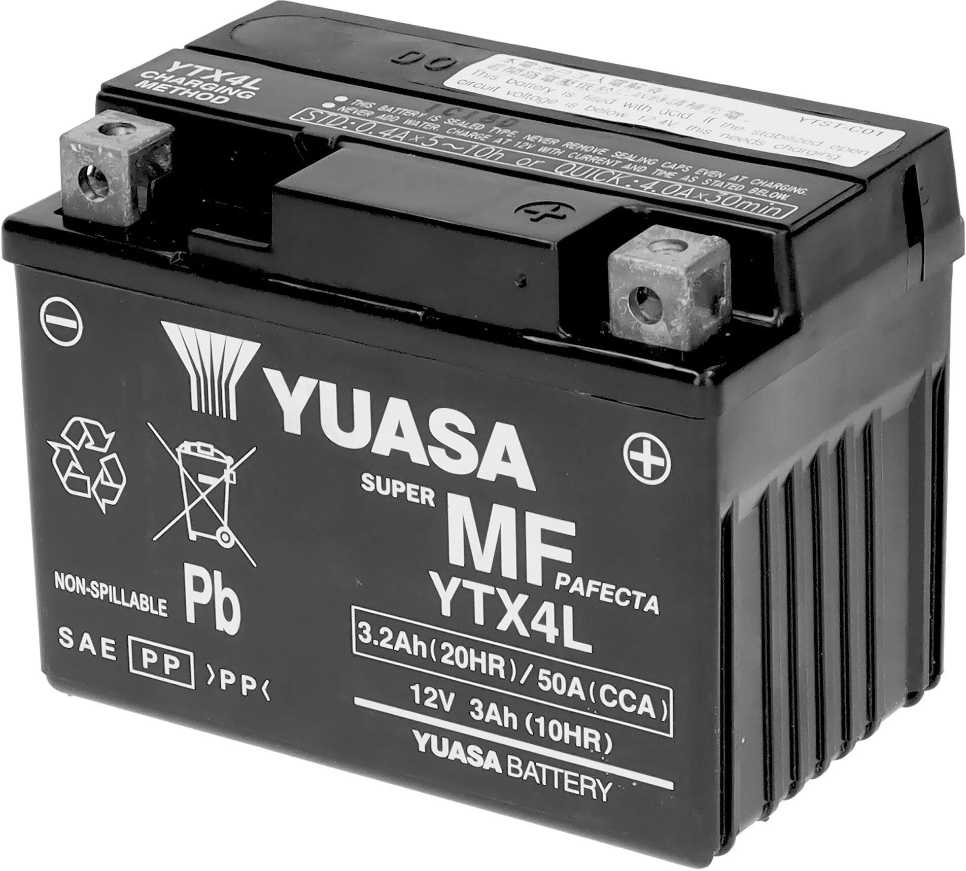 yuasa batteria moto 3 ah 12 v  ytx4l-wc 114x71x86 mm (lxpxh) peso 1,61 kg