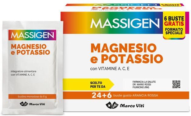 Massigen Magnesio Potassio Integratore per il Benessere Muscolare 24+6 Bustine