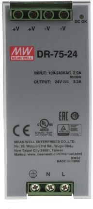 Mean Well Alimentatore a montaggio su guida DIN  DR, 75W, 28V cc max, 3.2A, 1 uscite, 125.2 x 55.5 x 100mm 120 →, DR-75-24 Mean Well Alimentatore a montaggio su guida DIN  DR, 75W, 28V cc max, 3.2A, 1 uscite, 125.2 x 55.5 x 100mm 120 →, DR-75-24