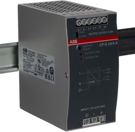 ABB Alimentatore a montaggio su guida DIN  CP-E, 120W, 24V cc max, 5A, 1 uscite, 123.6 x 63.2 x 123.6mm 90 → 132V, 1SVR427034R0000