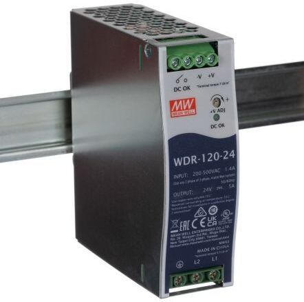 Mean Well Alimentatore a montaggio su guida DIN  WDR, 120W, 29V cc max, 5A, 1 uscite, 125.2 x 40 x 113.5mm 180 →, WDR-120-24 Mean Well Alimentatore a montaggio su guida DIN  WDR, 120W, 29V cc max, 5A, 1 uscite, 125.2 x 40 x 113.5mm 180 →, WDR-120-24