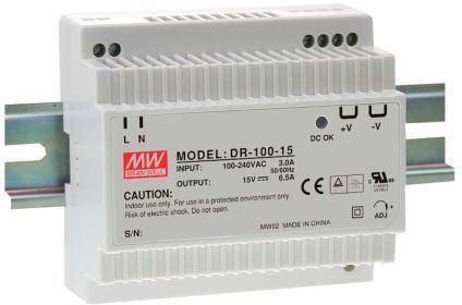 Mean Well Alimentatore a montaggio su guida DIN  DR, 100W, 29V cc max, 4.2A, 1 uscite, 93 x 100 x 56mm 88 → 264V, DR-100-24 Mean Well Alimentatore a montaggio su guida DIN  DR, 100W, 29V cc max, 4.2A, 1 uscite, 93 x 100 x 56mm 88 → 264V, DR-100-24