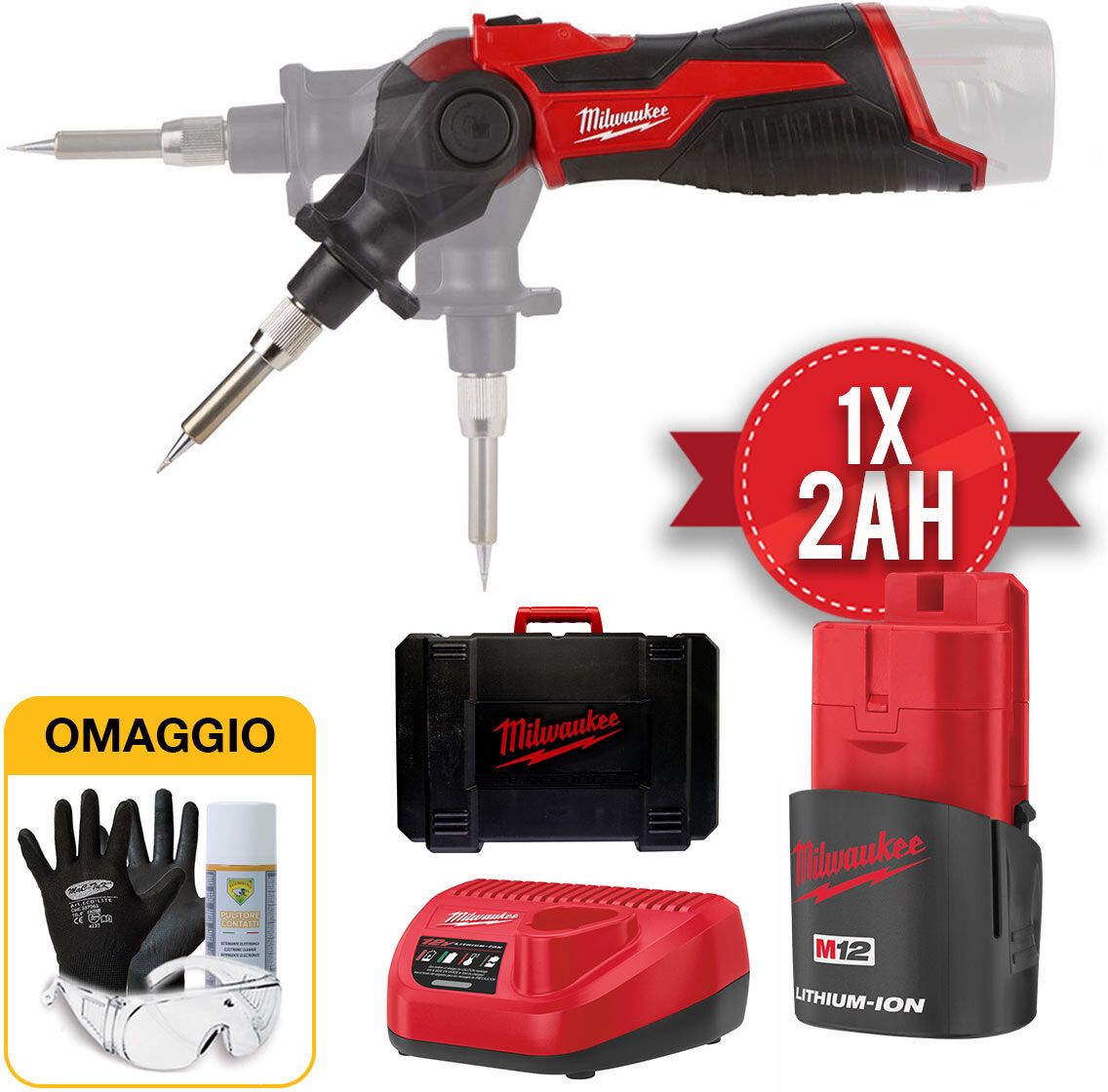 Milwaukee M12 SI-201C - Saldatore compatto a batteria M12 - Batteria 12V 2Ah con OMAGGIO Milwaukee M12 SI-201C - Saldatore compatto a batteria M12 - Batteria 12V 2Ah con OMAGGIO