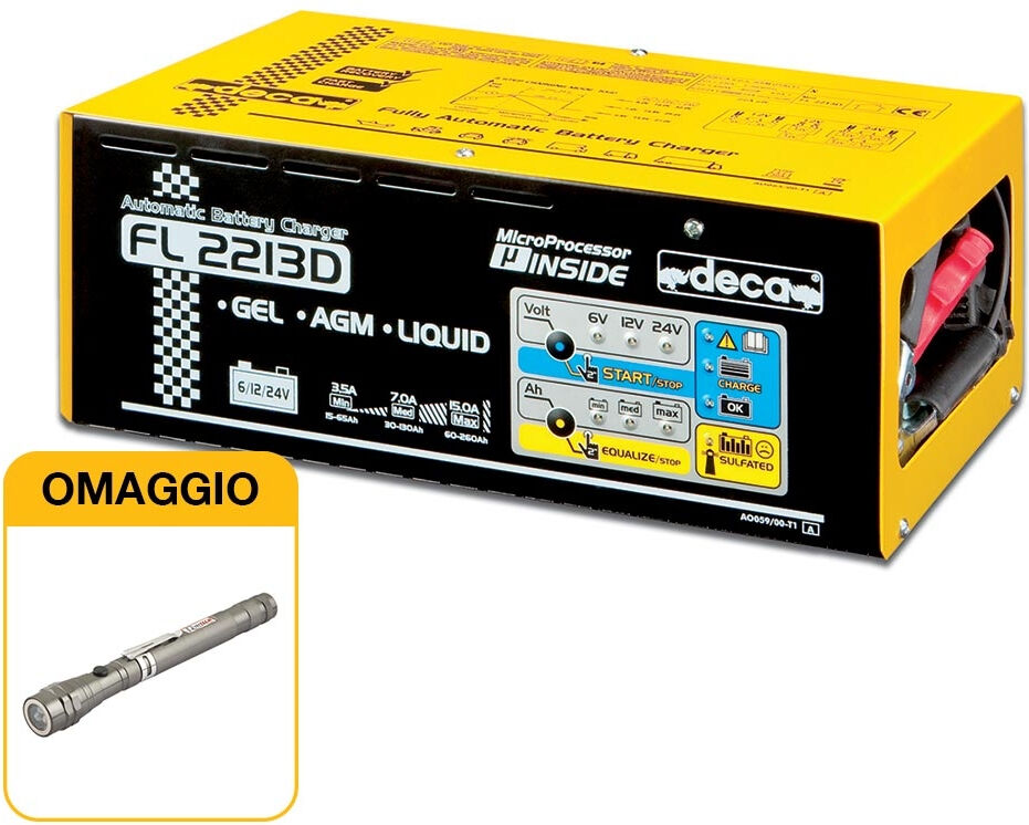 Deca Caricabatterie mantenitore elettronico 6-12-24V  FL 2213D (carica 22 A) con OMAGGIO