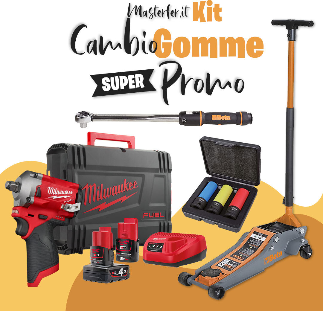 milwaukee kit utensili professionali per cambio gomme - sollevatore beta - avvitatore a impulsi  12v - dinamometrica beta - bussole beta