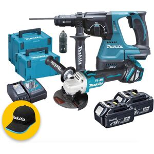 Makita DLX2256TJ2 - Kit utensili a batteria 18V, Tassellatore DHR243  + Smerigliatrice angolare DGA513, 2x5.0Ah