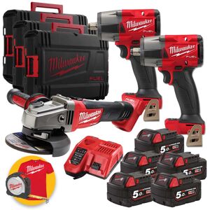 Milwaukee Kit utensili  a batteria 18V - 2 Avvitatori ad impulsi, Smerigliatrice, 5 batterie 5Ah, 3 Valigette