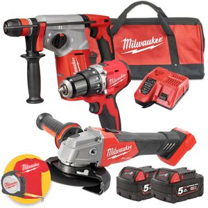 Milwaukee Kit  18V M18 PPA3-502 - M18 BLPDRC trapano a percussione - M18 FSAG125X Smerigliatrice - Tassellatore M18 BLHX