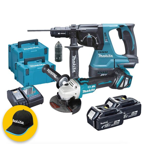 makita dlx2256tj2 - kit utensili a batteria 18v, tassellatore dhr243  + smerigliatrice angolare dga513, 2x5.0ah