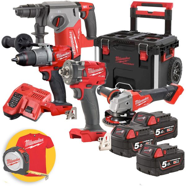 milwaukee m18 fpp4a-503p - kit utensili a batteria 18v fuel - trapano, smerigliatrice, tassellatore, avvitatore impulsi