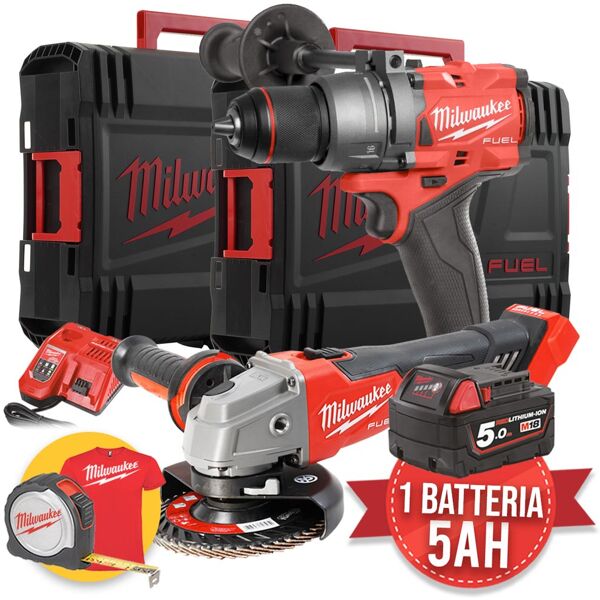 milwaukee m18 fpp2e3-501x - kit utensili a batteria fuel trapano + smerigliatrice, 1 x 5ah