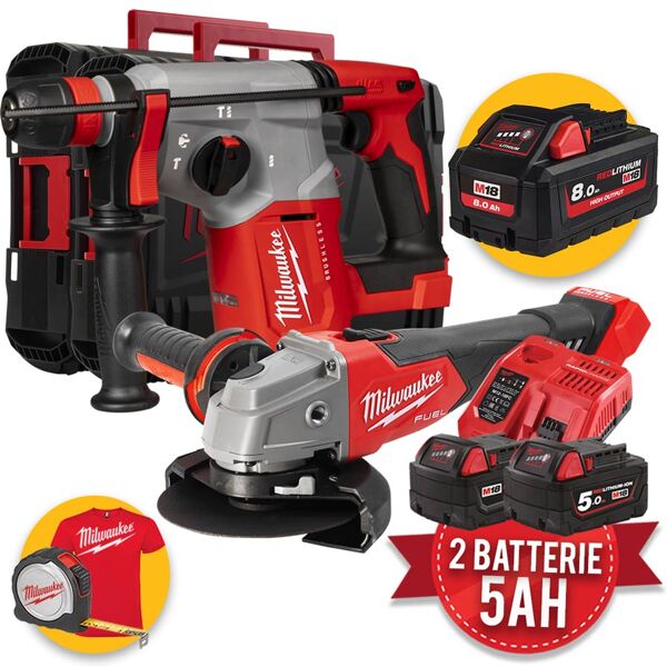 milwaukee kit  m18fpp2e-953x 18v tassellatore blhx + smerigliatrice fsag125x - 2 batterie da 5ah + 1 da 8ah