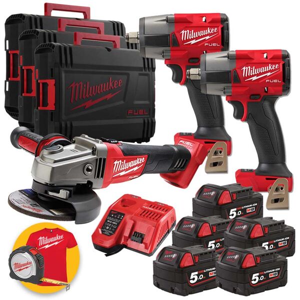 milwaukee kit utensili  a batteria 18v - 2 avvitatori ad impulsi, smerigliatrice, 5 batterie 5ah, 3 valigette