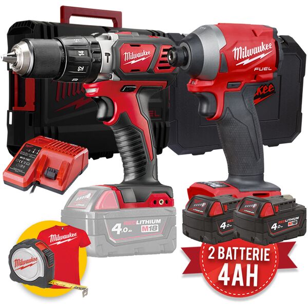 milwaukee kit utensili a batteria 18v - m18 fid2 avvitatore ad impulsi fuel da 1/4 - m18 bpd trapano con percussione - 2 x 4ah