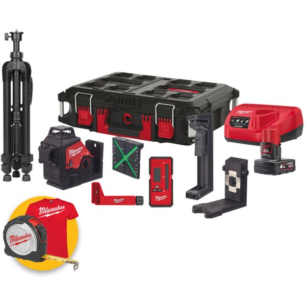 milwaukee m12 3plkit-401p - kit livella laser verde a 3 linee 360° con accessori