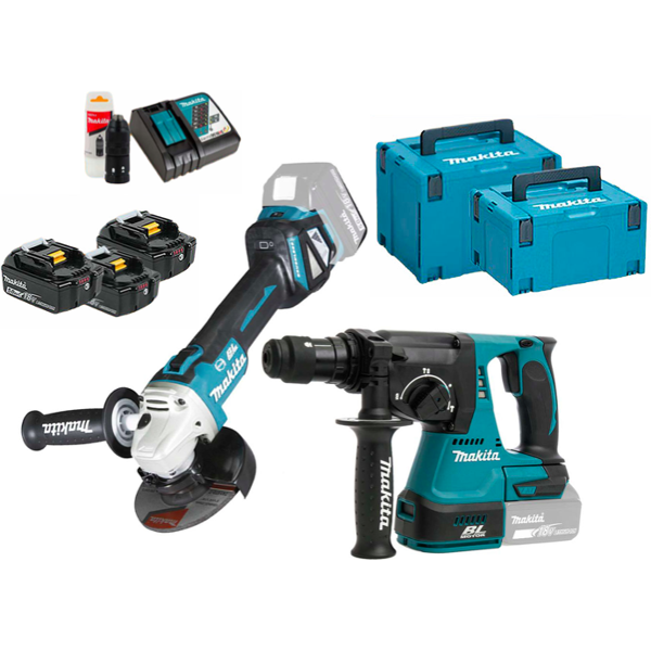 makita dlx2256tj1 - kit utensili a batteria 18v, tassellatore dhr243  + smerigliatrice angolare dga513, 3x5.0ah