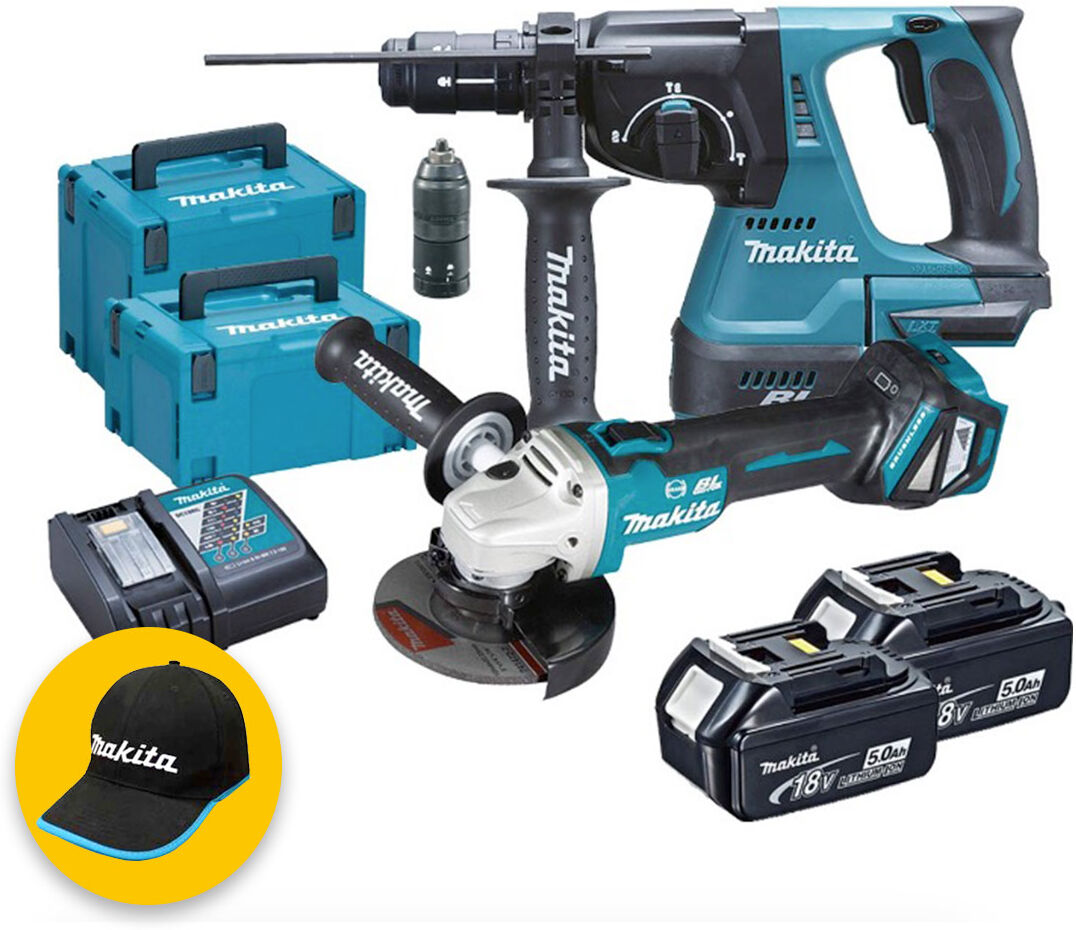 makita dlx2256tj2 - kit utensili a batteria 18v, tassellatore dhr243  + smerigliatrice angolare dga513, 2x5.0ah