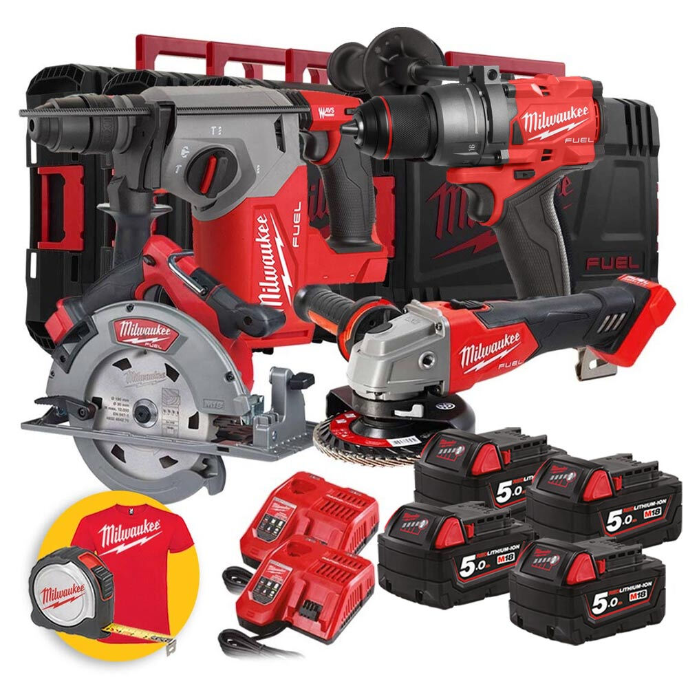 milwaukee kit a batteria  - smerigliatrice m18 fsag125x, tassellatore m18 fhx, trapano m18 fpd3,  sega circolare fcs66