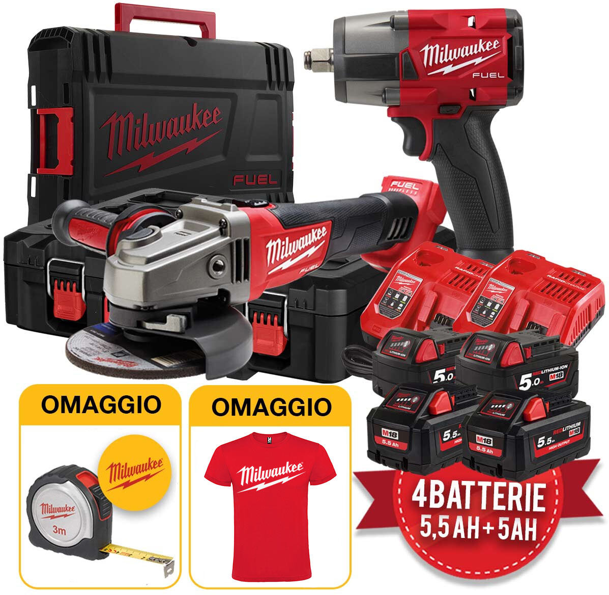 milwaukee kit utensili  18v fuel - smerigliatrice m18cag125x + avvitatore ad impulsi m18fmtiw2f12