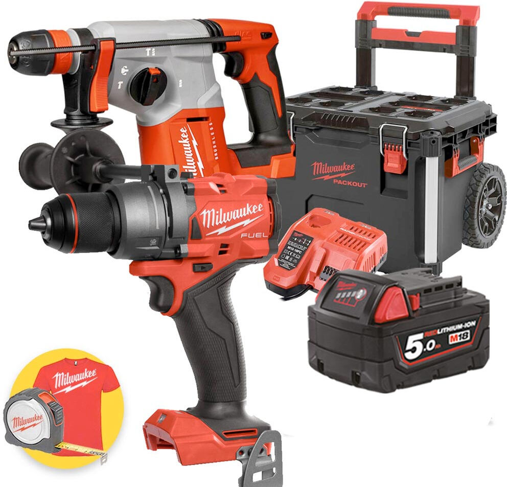 milwaukee m18 fpp2p2-501pk - kit utensili a batteria 18v fuel tassellatore + trapano, 1 batteria 5ah in trolley packout