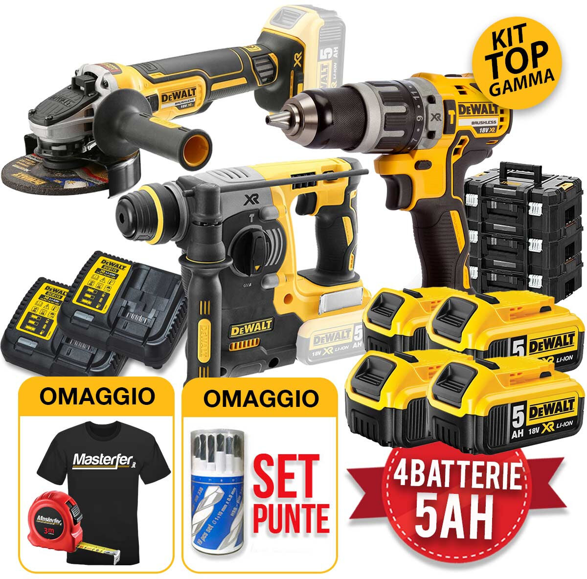 dewalt kit  18v dck353p4t - trapano dcd796 - tassellatore dch273 - smerigliatrice dcg405