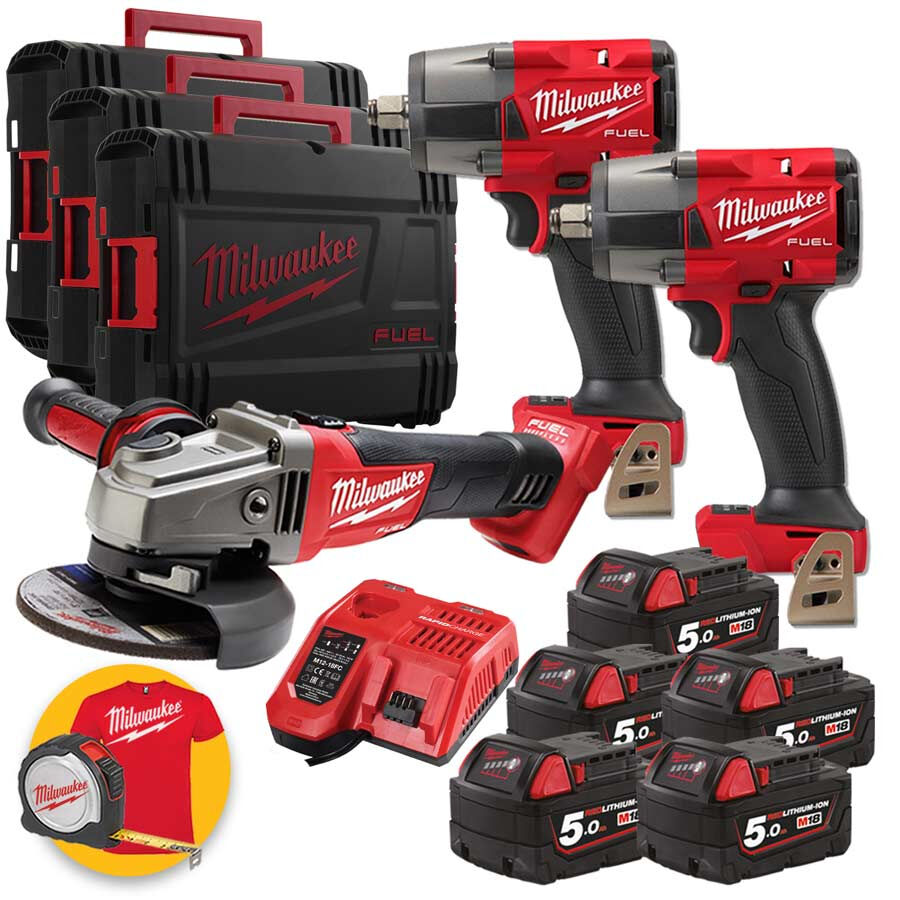 milwaukee kit utensili  a batteria 18v - 2 avvitatori ad impulsi, smerigliatrice, 5 batterie 5ah, 3 valigette