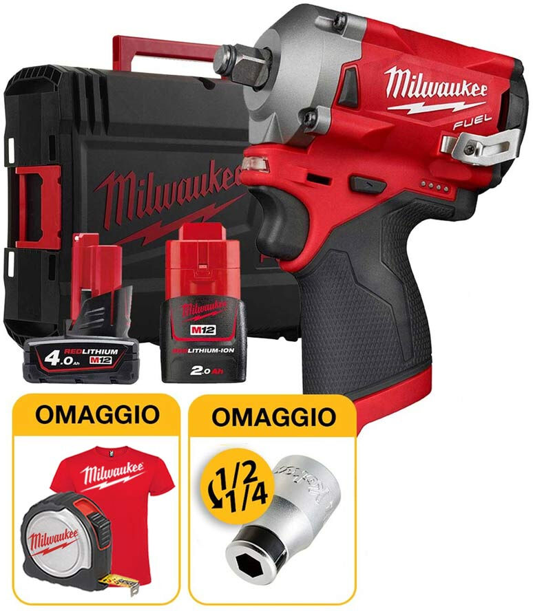 milwaukee m12 fiwf12-422x, avvitatore ad impulsi 12v 1/2, 2 batterie, con valigetta heavy duty