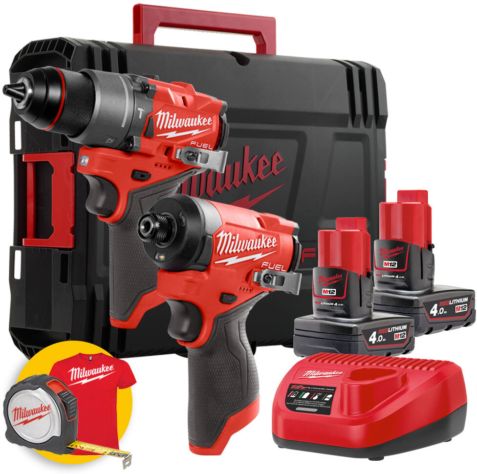 milwaukee m12 fpp2a2-402x - kit utensili a batteria 12v fuel - avvitatore a impulsi fid2 - trapano a percussione fpd2 - 2 x 4ah