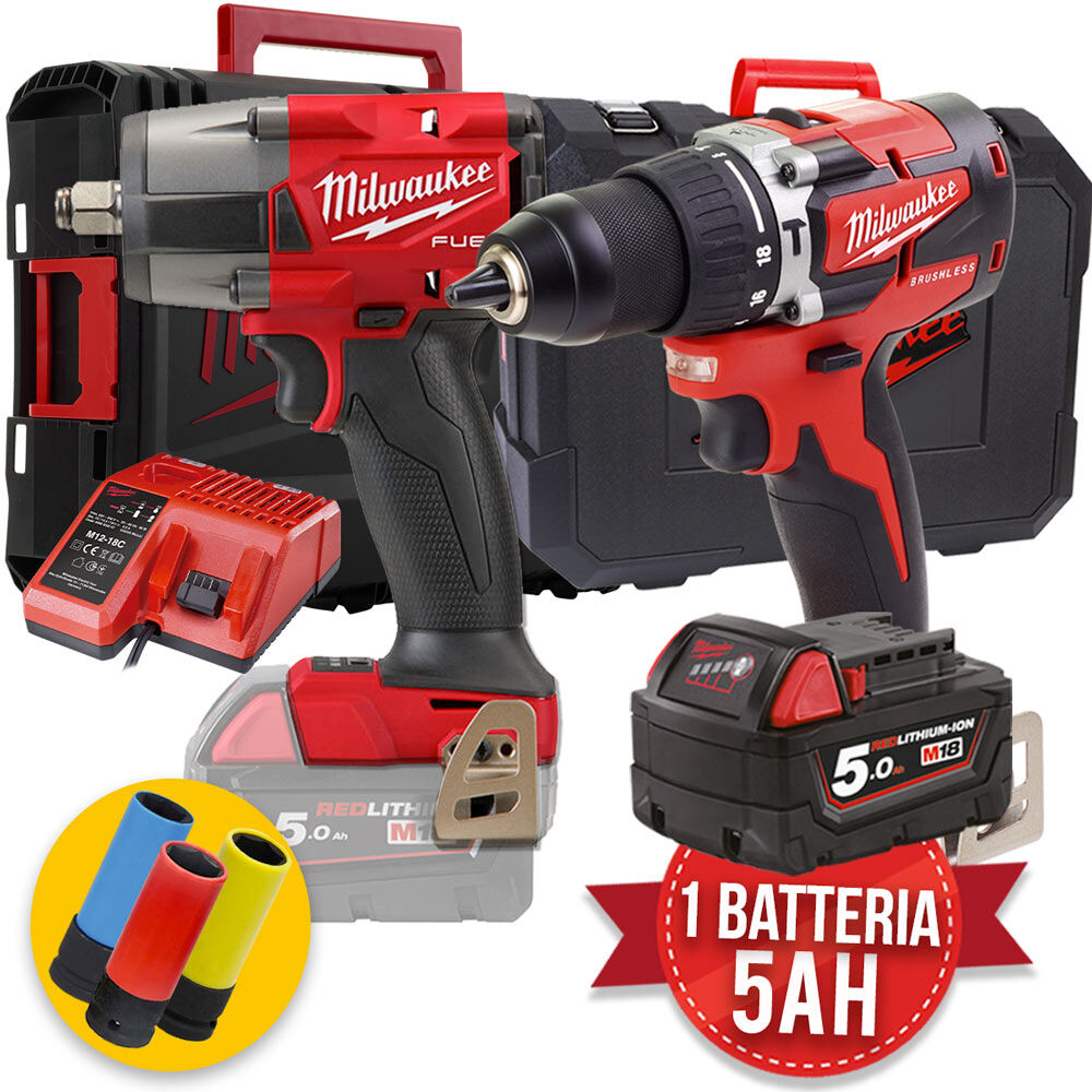 milwaukee kit utensili a batteria m18 - avvitatore ad impulsi fmtiw2f - trapano a percussione cbpld - 1 x 5ah