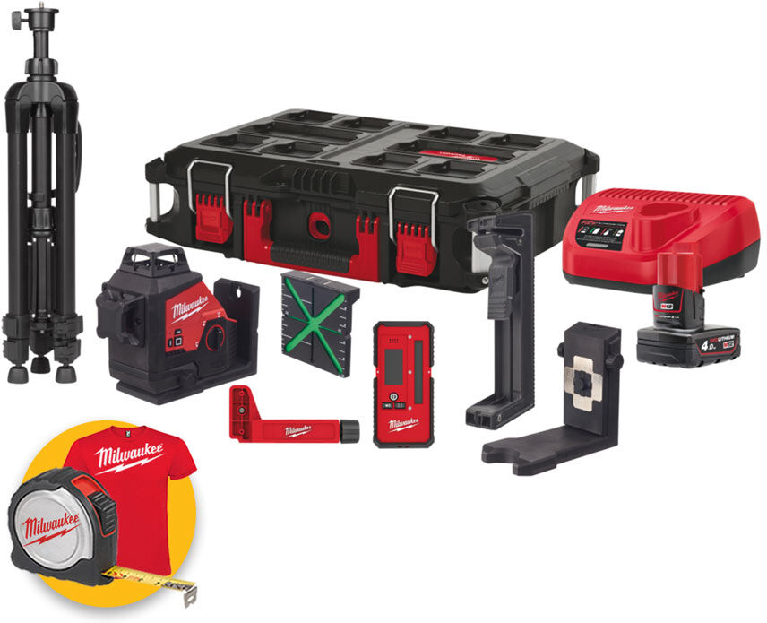 milwaukee m12 3plkit-401p - kit livella laser verde a 3 linee 360° con accessori