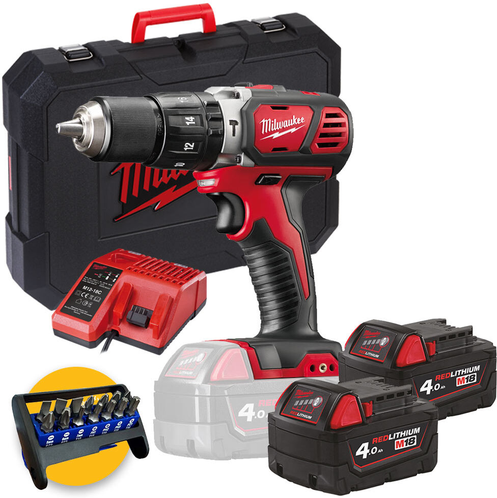 milwaukee m18 bpd-402c - trapano avvitatore 18v a batteria con percussione, batterie 2 x 4.0ah