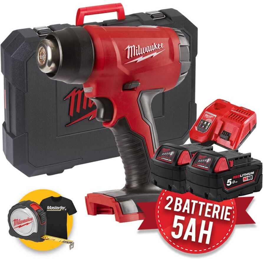 milwaukee m18 bhg-502c - termosoffiatore pistola termica a batteria 18v, 2 x 5ah