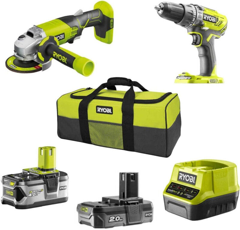 ryobi kit  r18pdag-242s - trapano avvitatore a percussione r18pd3 + smerigliatrice angolare r18ag one+