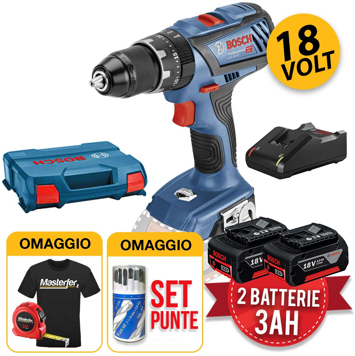 Bosch GSB 18V-28 - Trapano avvitatore a batteria 18V con percussione, 2 X 3Ah