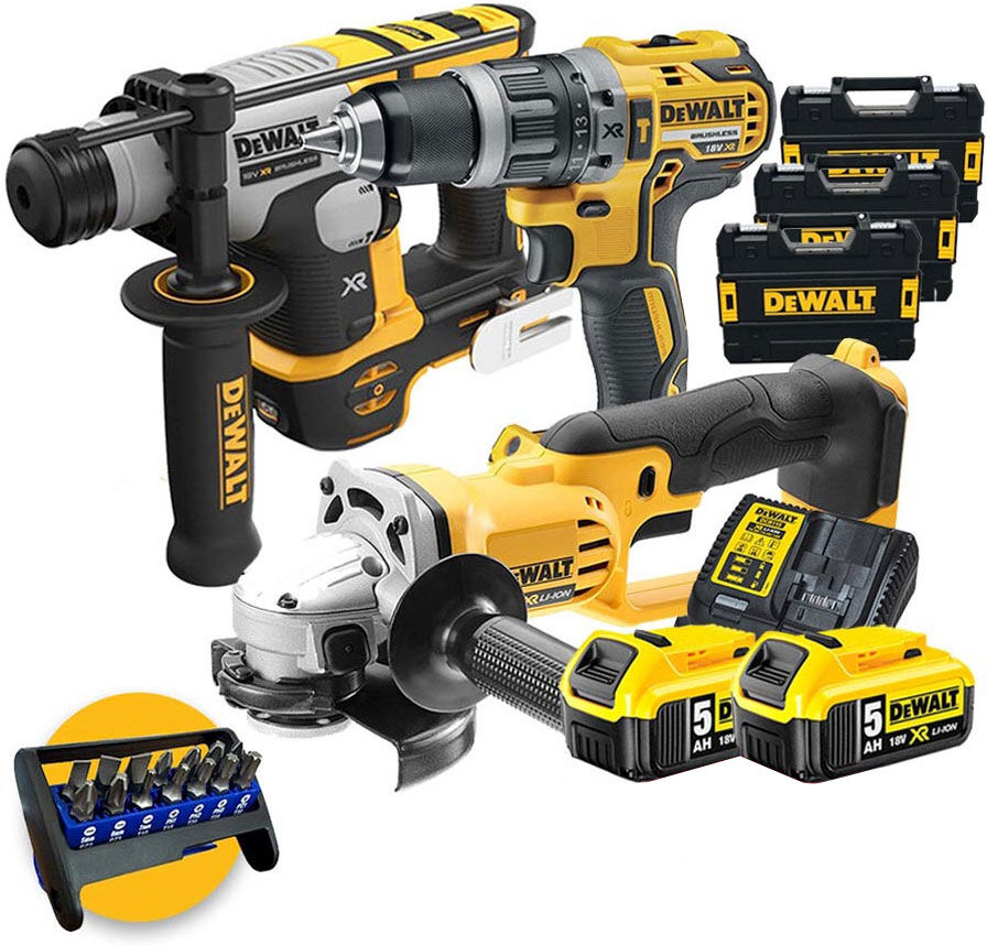 DeWalt Kit  DCK172HDGR3 - Tassellatore SDS DCH172 + Smerigliatrice DCG412 + Trapano DCD796