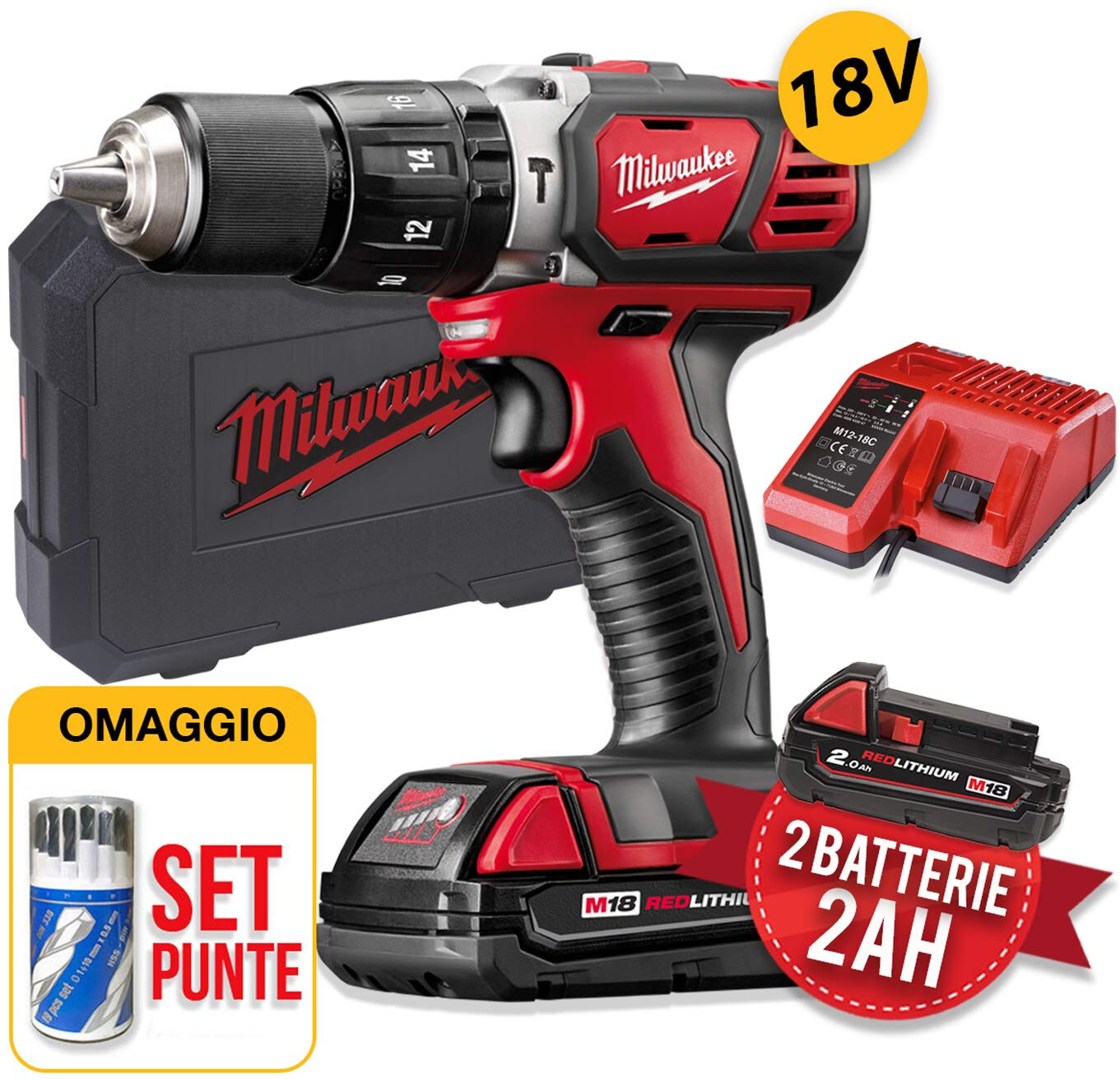 Milwaukee M18 BPD-202C - trapano avvitatore 18V a batteria con percussione, batterie 2 x 2.0Ah