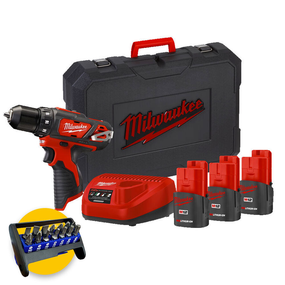 Milwaukee M12 BDD-153C, trapano avvitatore 12V compatto, 3 batterie da 1,5Ah