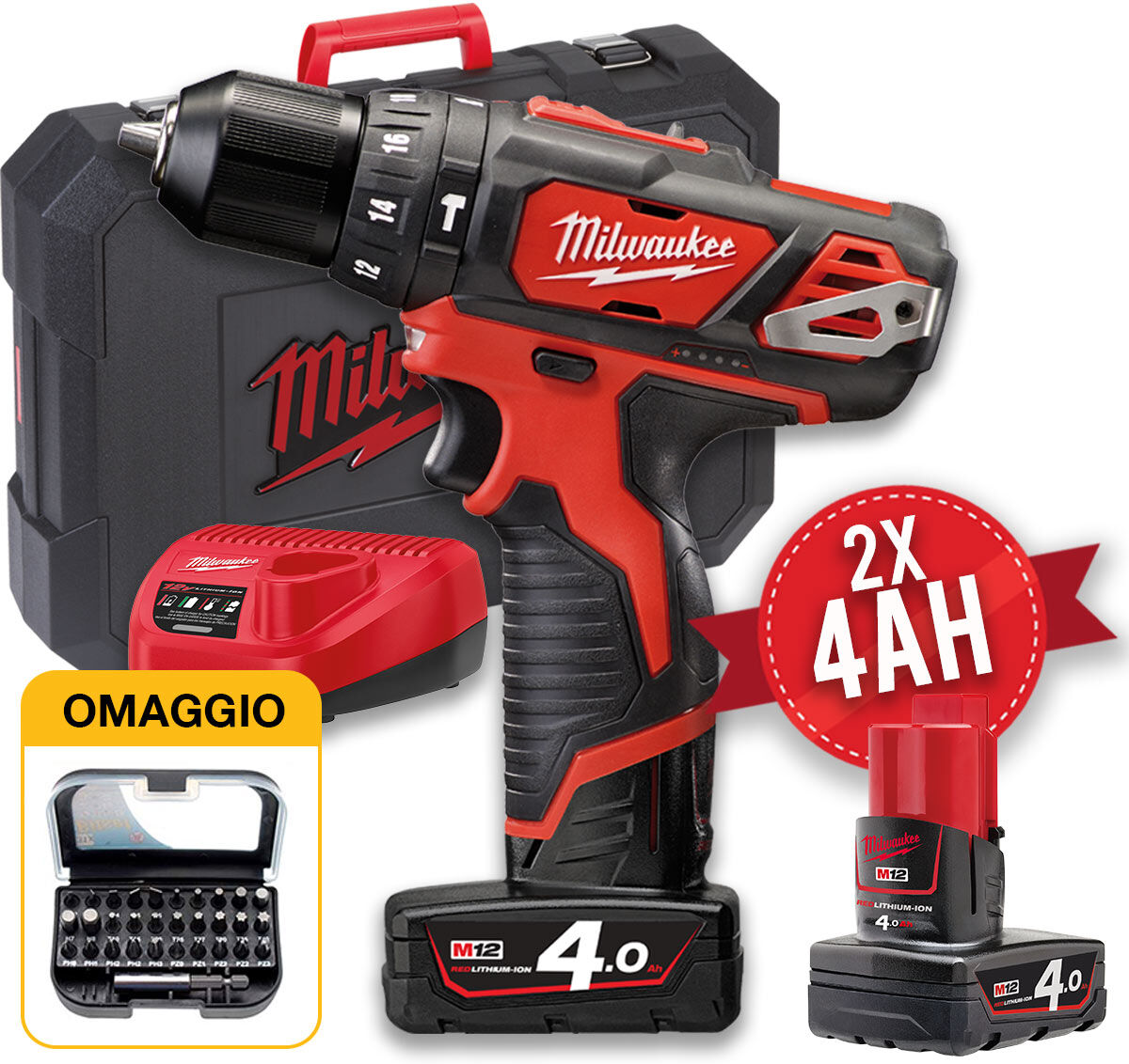 Milwaukee M12 BPD-402C - Trapano avvitatore a batteria 12V con percussione - 2 Batterie 4Ah