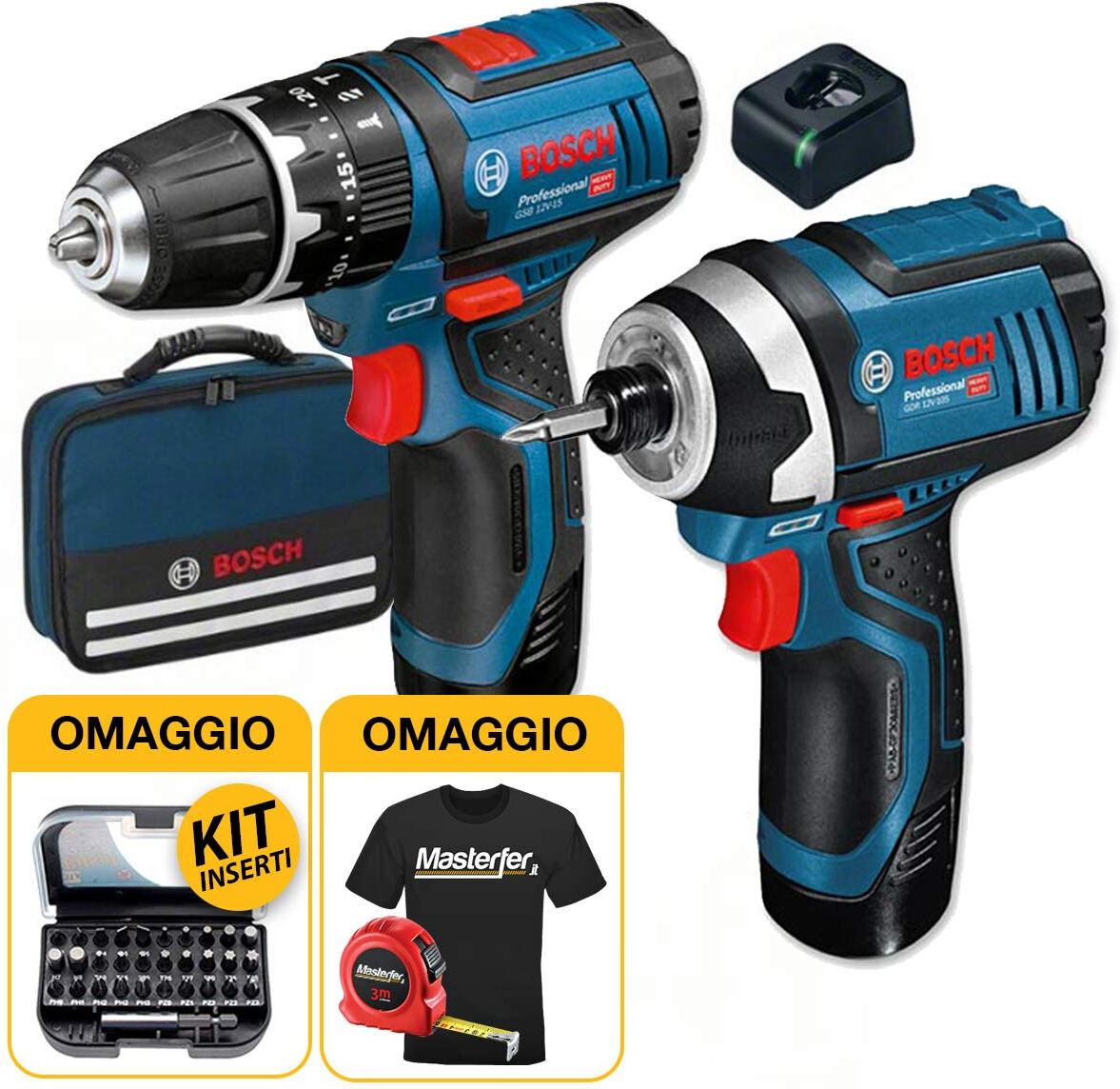 Bosch kit elettroutensili 12V - Trapano avvitatore GSB 12V-15 + Avvitatore ad impulsi GDR 12V-105, 2 x 2Ah in borsa