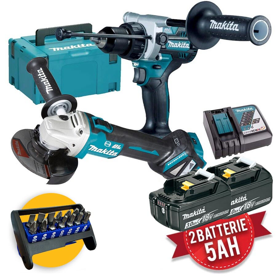 Makita DLX2435TJ - Kit utensili a batteria 18V - Trapano DHP486, Smerigliatrice DGA513, 2 X 5Ah