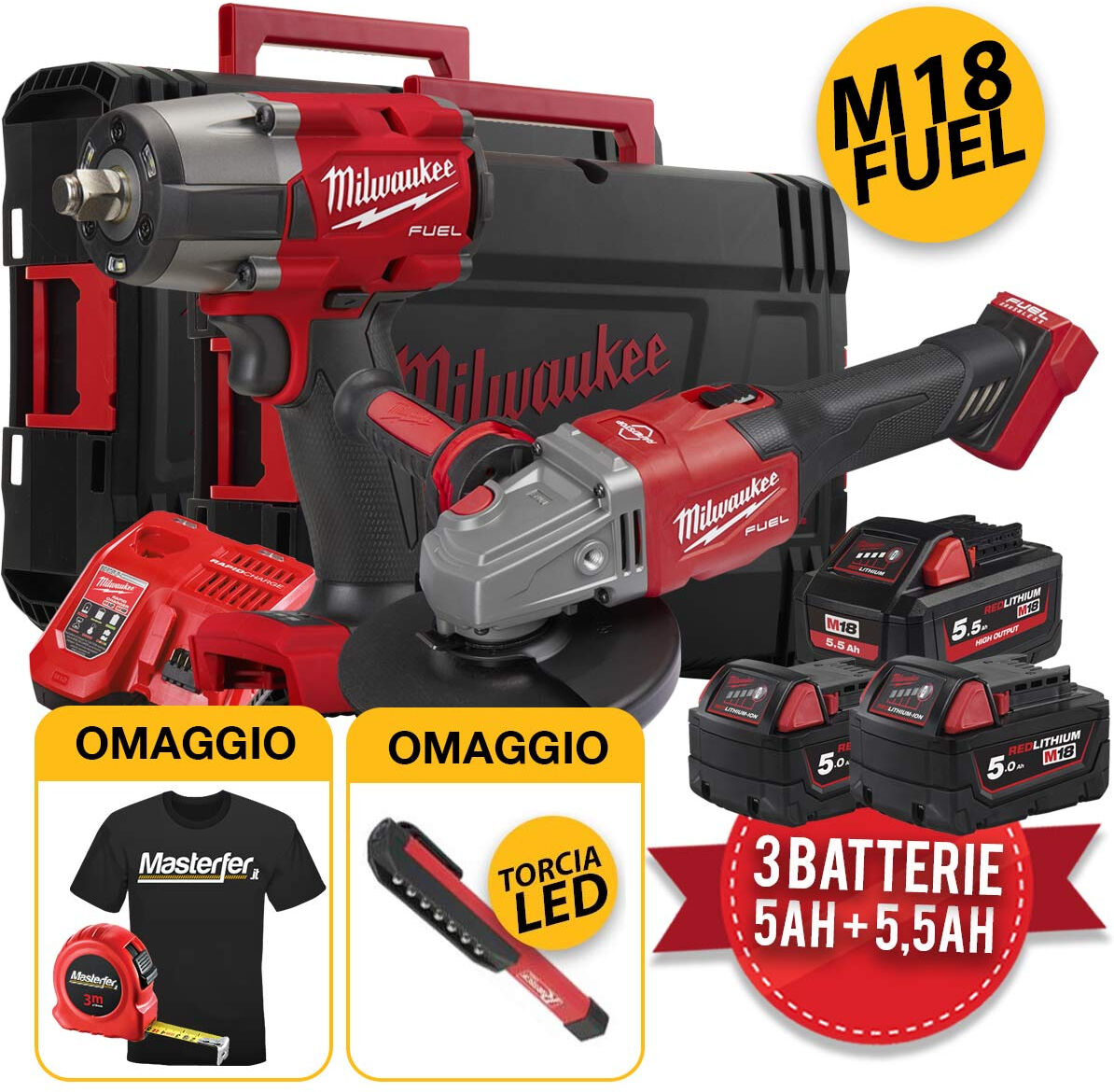 Milwaukee Milwauke M18 FPP2AD-553X - Kit utensili a batteria Fuel, Smerigliatrice FHSAG125XB + Avvitatore ad impulsi FMTIW2F12