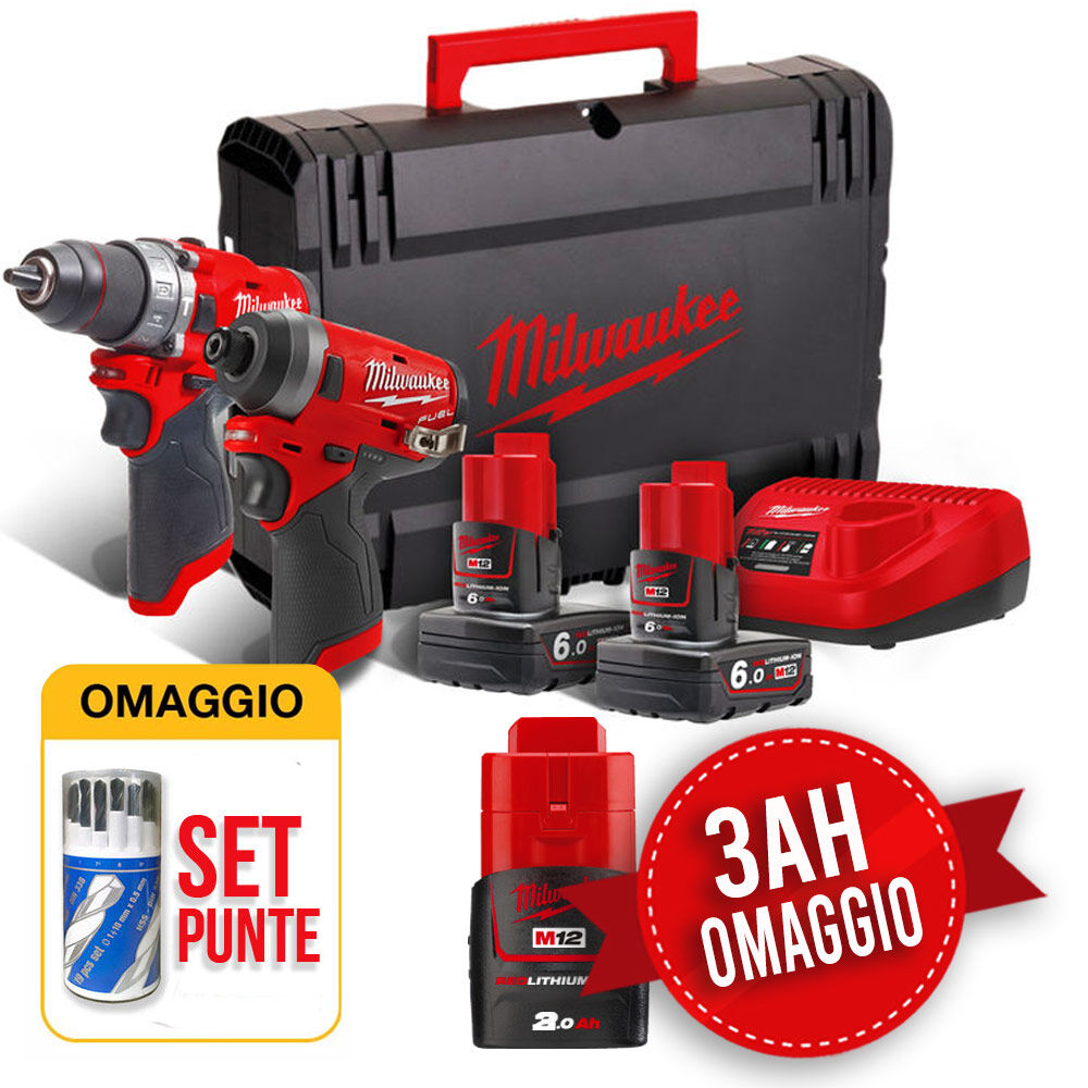 Milwaukee Kit utensili  M12 FPP2A-602X - Trapano M12FPD + Avvitatore ad impulsi M12FID - 2 Batterie 6Ah + 3Ah OMAGGIO