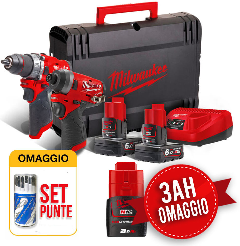 Milwaukee Kit utensili  M12 FPP2A-602X - Trapano M12FPD + Avvitatore ad impulsi M12FID - 2 Batterie 6Ah + 3Ah OMAGGIO Milwaukee Kit utensili  M12 FPP2A-602X - Trapano M12FPD + Avvitatore ad impulsi M12FID - 2 Batterie 6Ah + 3Ah OMAGGIO
